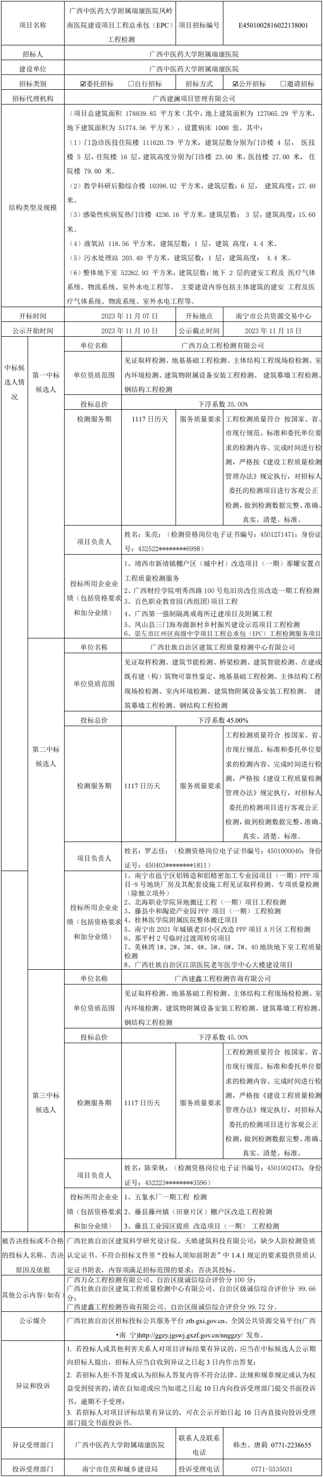 pG娱乐电子游戏凤岭南医院建设项目工程总承包（EPC）工程检测中标候选人公示