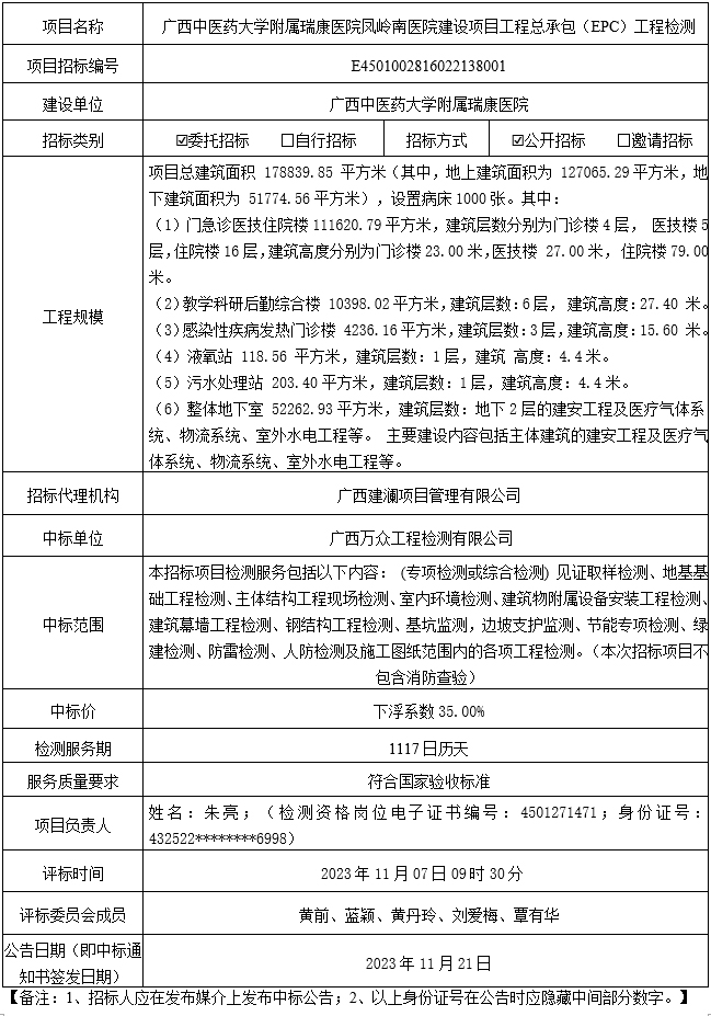 pG娱乐电子游戏凤岭南医院建设项目工程总承包（EPC）工程检测中标公告