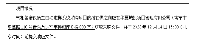 华夏城投项目管理有限公司关于气相色谱仪顶空自动进样系统 （项目编号：HXCTGX-JHZB-2023-033）竞争性谈判公告